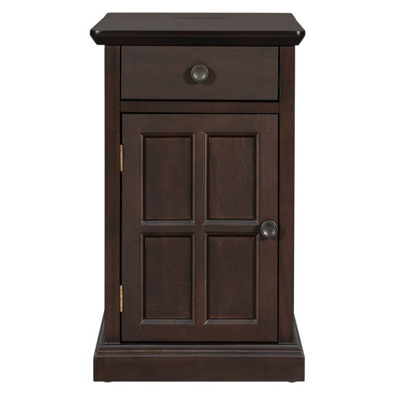 Multifunctional End Table with USB Ports and 1 Drawer with Cup Holders, Vintage Sofa Side Table Bedside Nightstand Narrow Table
