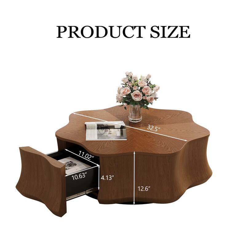 32.5" Petal Solid Wood Veneer Coffee Table - Drawer Storage, Modern&Medieval Living Rooms