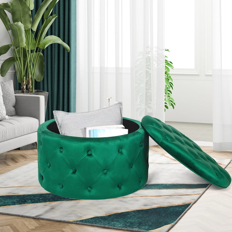 Adeco Round Velvet Storage Ottoman, Button Tufted Footrest Footstool