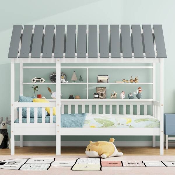 slide 2 of 7, Wood Twin Size House Bed with Roof /Guardrail and Shelves White - Twin