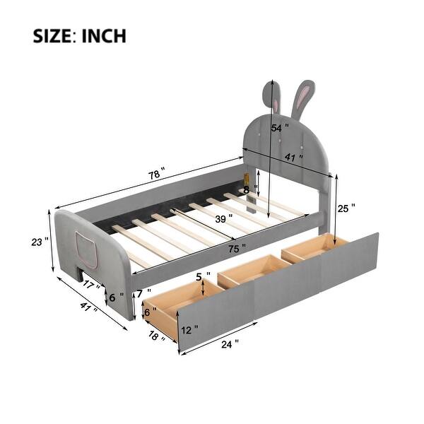 dimension image slide 0 of 2, Velvet Rabbit-Shaped Twin Size Platform Bed with Drawers and Bed-End Storage Pocket