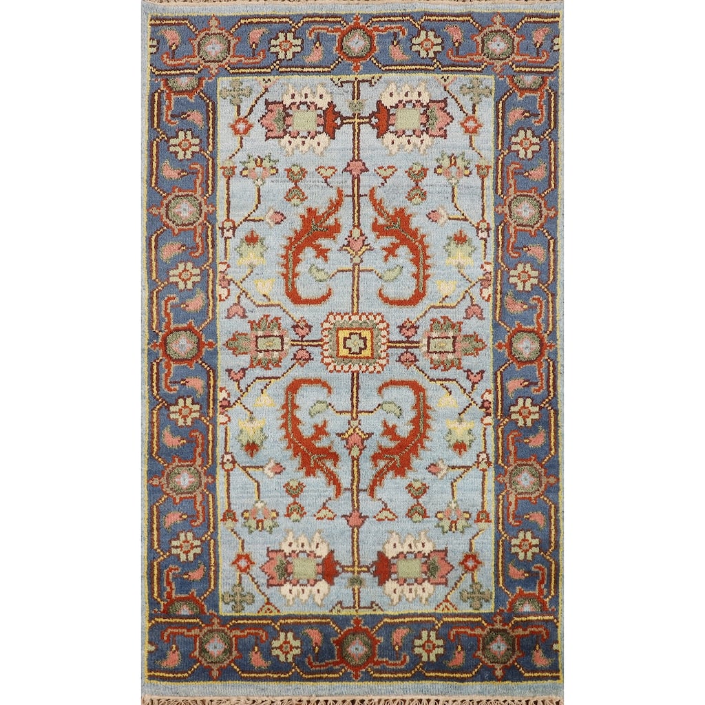 Light Blue Oushak Oriental Accent Rug Hand-Knotted Wool Carpet - 3'0" X 4'11"