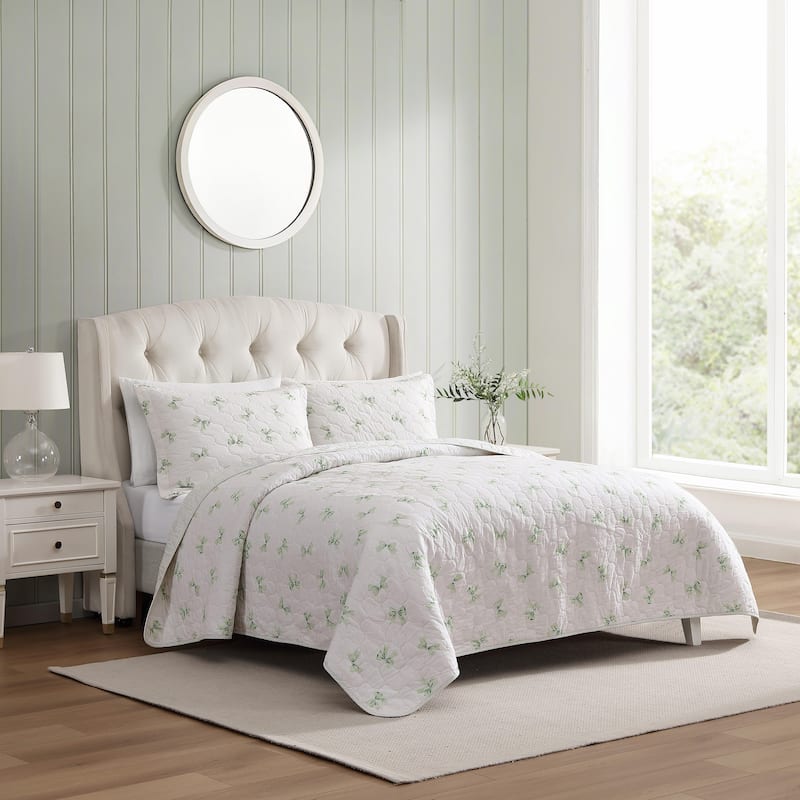 Laura Ashley Bouncy Bows Cotton Reversible Green Quilt Set