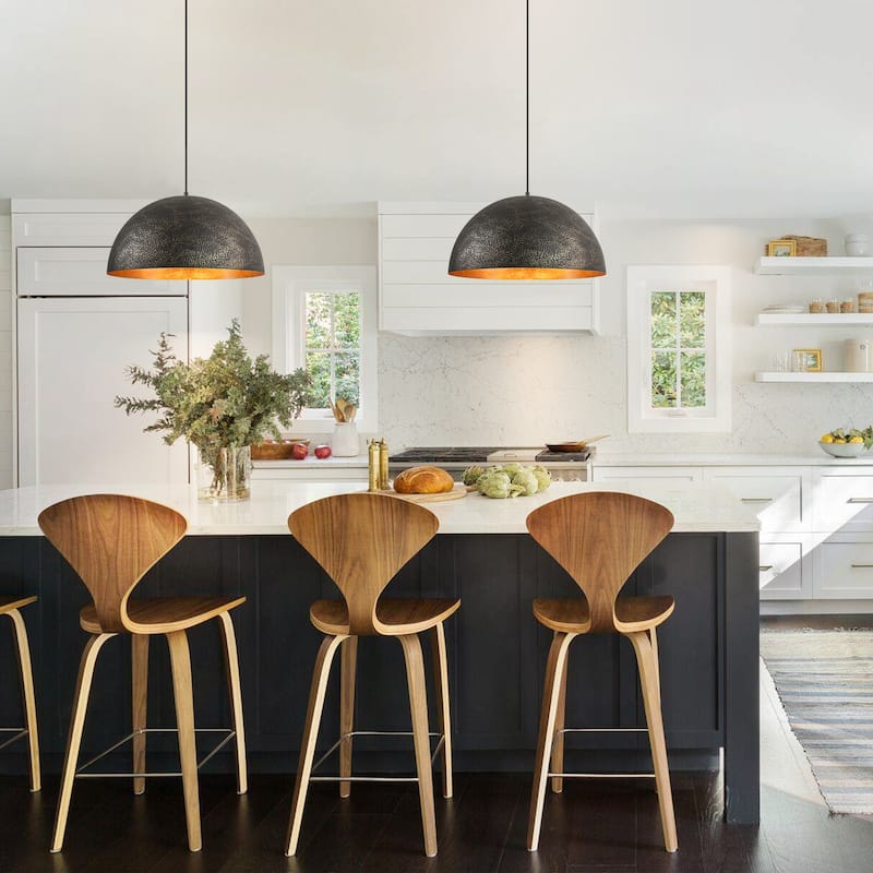 1-Light Modern Vintage Black Gold Leaf Dome Kitchen Island Pendant Lights - 19.6 in. W x 11.8 in. H