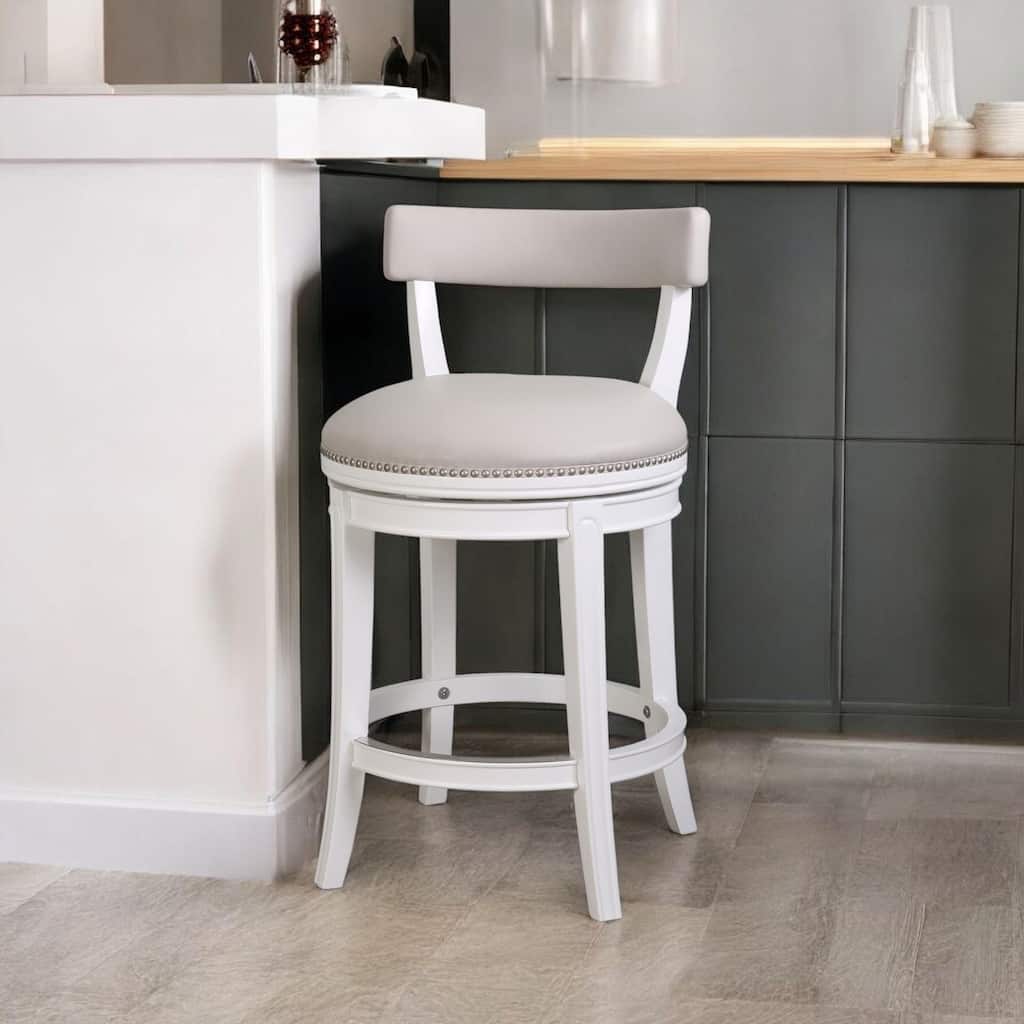 HomeRoots 26" Gray and White Faux Leather and Solid Wood Low Back Counter Height Swivel Bar Chair
