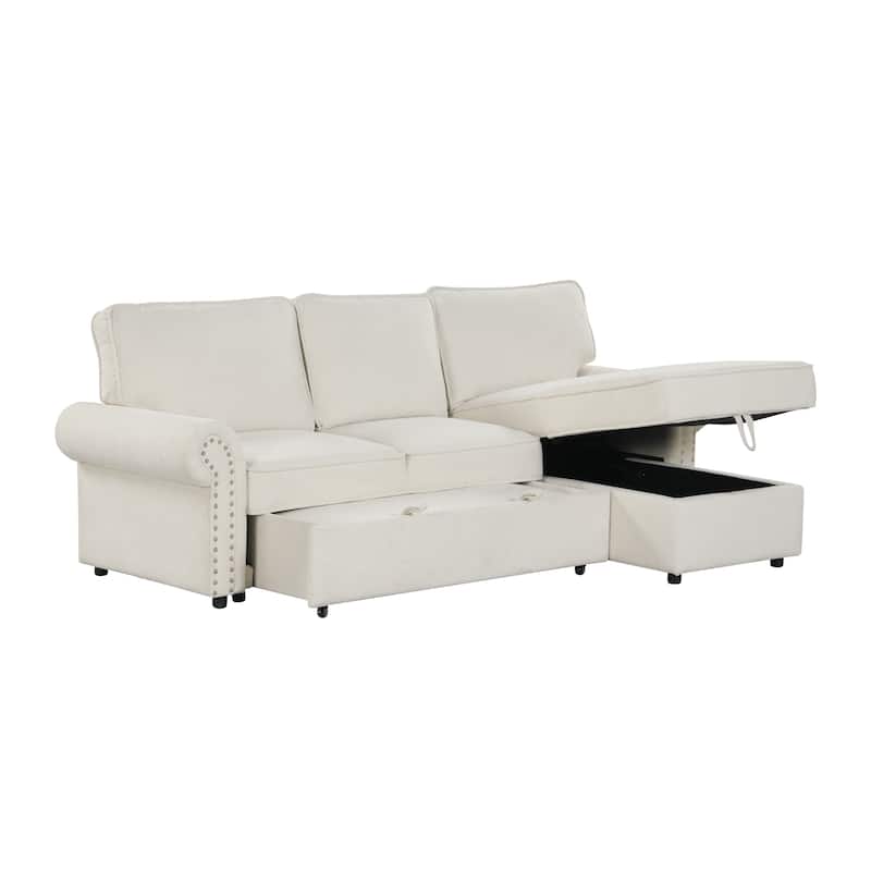 Convertible Sectional Sleeper Sofa with Storage Chaise, Pull-Down Backrest, Dual Cup Holders, Arc Armrests and Nailhead Trim