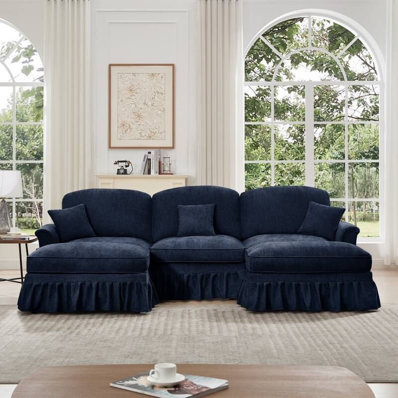 U-shaped Classic Modular Comfy Sectional Sofa with Ottomans & Ruffles Pleats Skirts - Blue