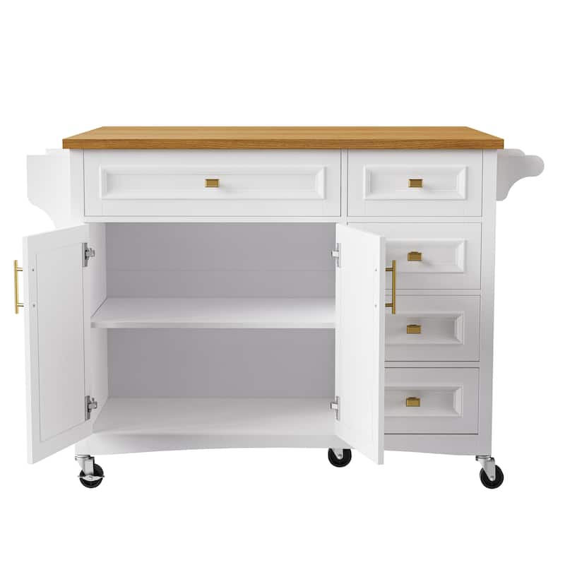 Kitchen Island on Locking Wheels with Drop Leaf, Rolling Island Cart with Adjustable Shelf, Spice Rack, 2 Doors & 5 Drawers聽