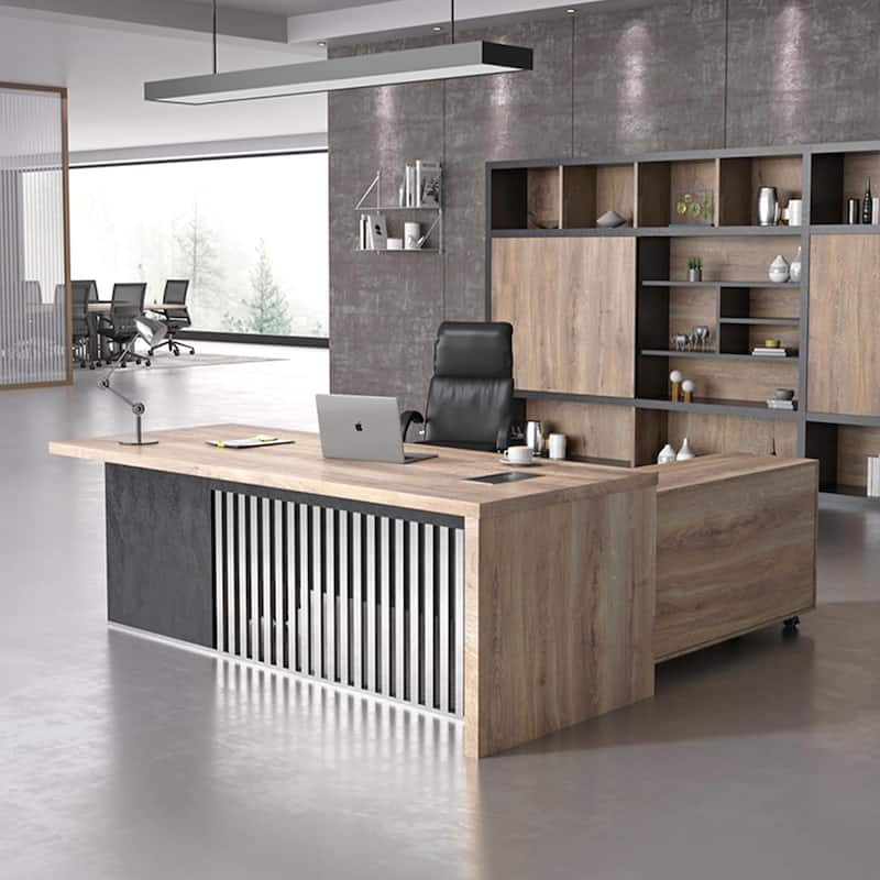 WESOME L-shaped Executive Office Desk with 2 Drawers 4 Wheels File Cabinets Cable Management - 63inch - Left Return+Cabinet