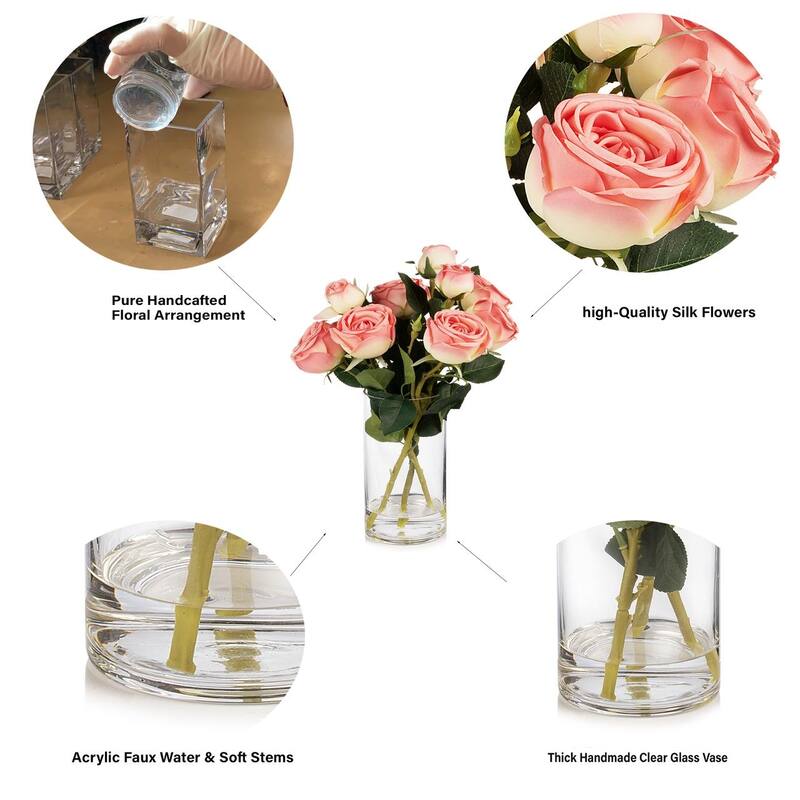 Enova Home Artificial Silk Rose Flowers in Clear Glass Vase with Faux Water for Home Office Wedding Decoration - N/A