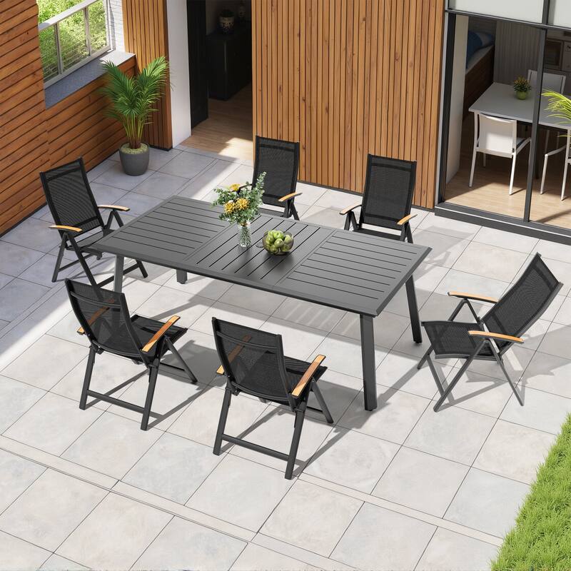 7/9-Piece Outdoor Dining Set Aluminum Patio Dining Table with Umbrella Hole and Adjustable Folding Chairs - Black table - 82.7 inches long