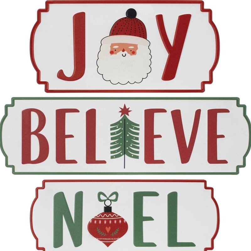 HomeRoots Set of Three White Green And Red Metal Christmas Hanging Text Wall Decor