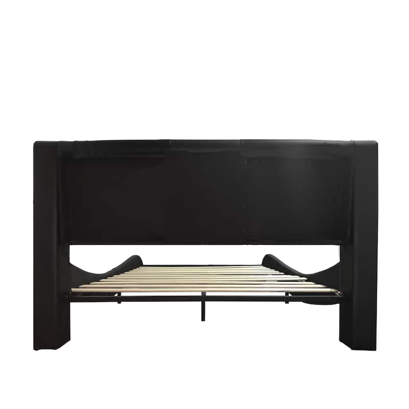 Black Queen Size Faux Leather Upholstered Platform Bed with LED Lighting and Wood Slat Support