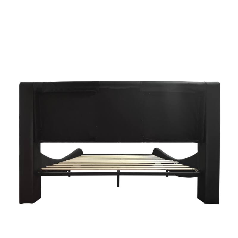 Faux Leather Upholstered Platform Bed with LED Lighting and Wood Slat Support