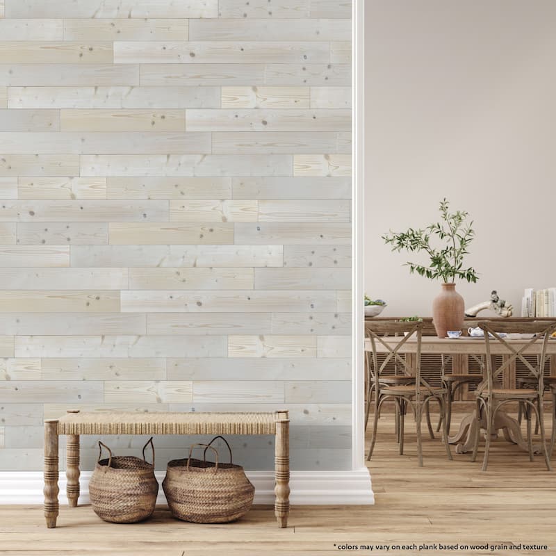 Peel and Stick Solid Wood Wall Paneling, Assorted Length, 5-inch Width, 19 sq ft - White Natural