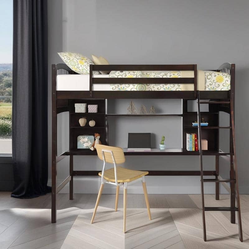 Wooden Bed with Desk, Modern Twin size Loft Bed with Storage Shelves, Multi-purpose Bed with Ladder for Kids, Espresso
