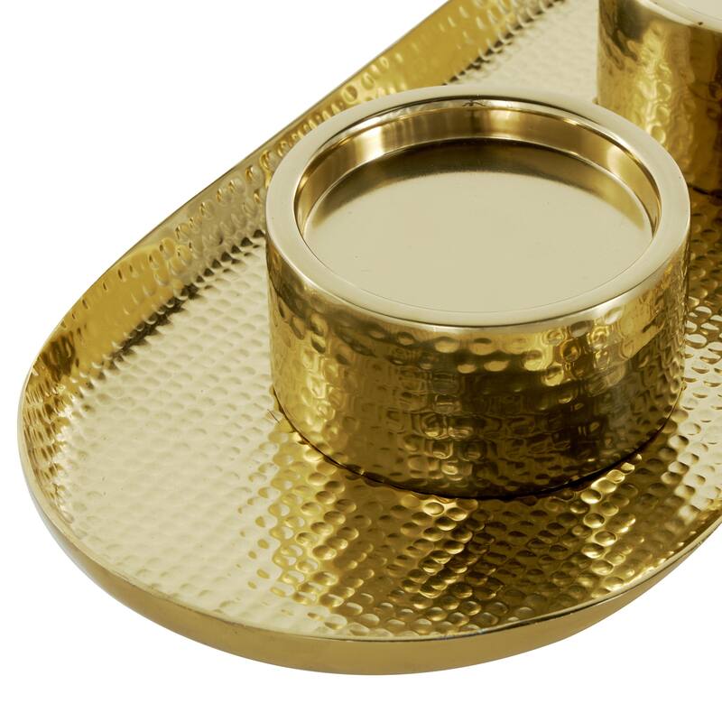 Stainless Steel Metal Hammered Decorative Candle Holder with Oval Tray Plate - Silver or Gold - Roche River Decor