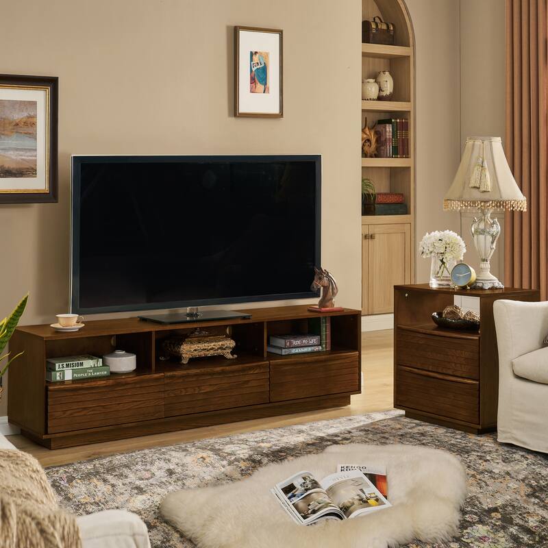 63" TV Stand for TVs up to 75", Thick Sturdy Entertainment Cabinet, Media Console, Solid Wood Drawers & Outlet Holes