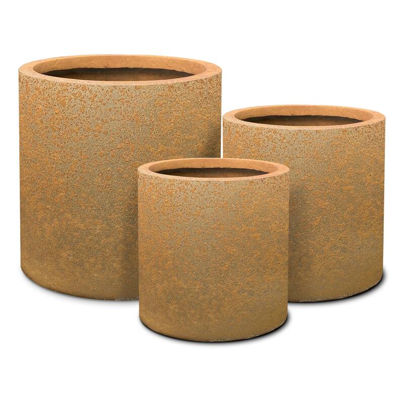 Kante Set of 3 Lightweight Concrete Outdoor Modern Cylindrical Planters, 15.8, 12.9 and 9.8 Inch Tall, Charcoal