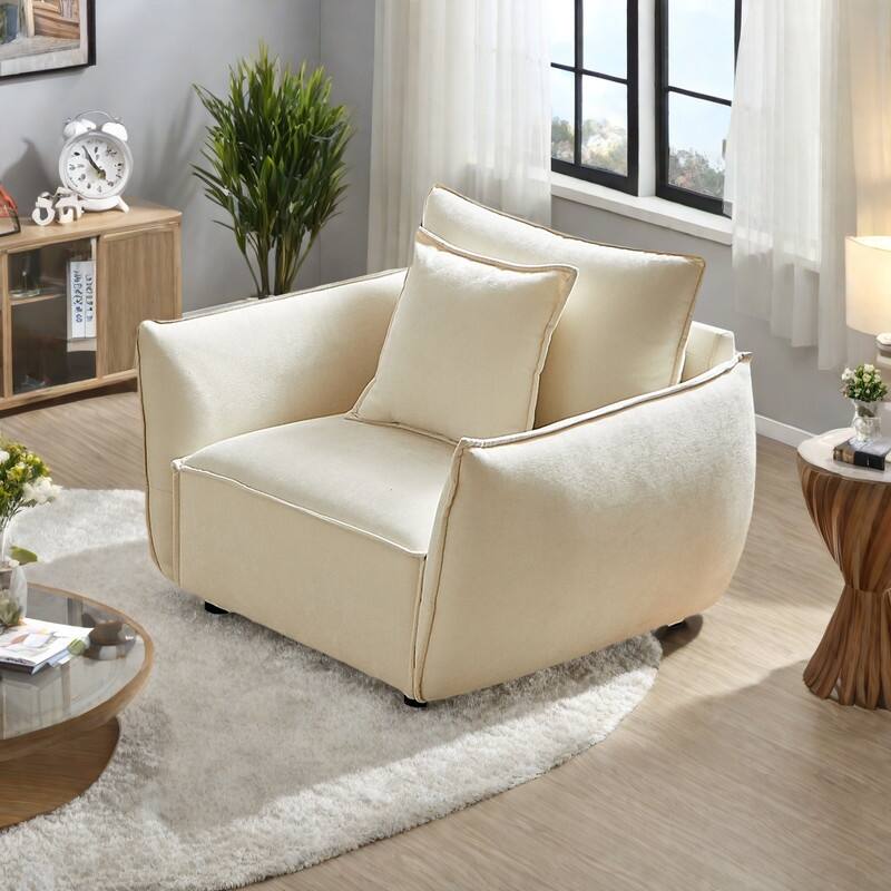 Minimalist Fabric armchair with Chenille Upholstery and Foam Cushions - Beige