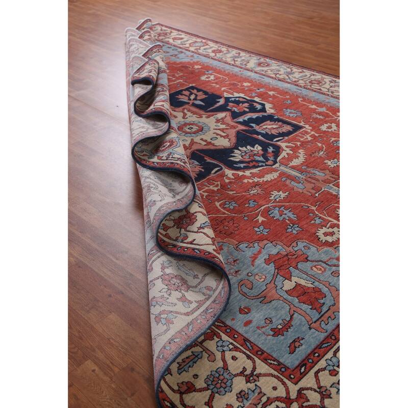 Red/ Ivory/ Blue Heriz Serapi Turkish Area Rug Handmade Wool Carpet - 9'0" x 12'0"