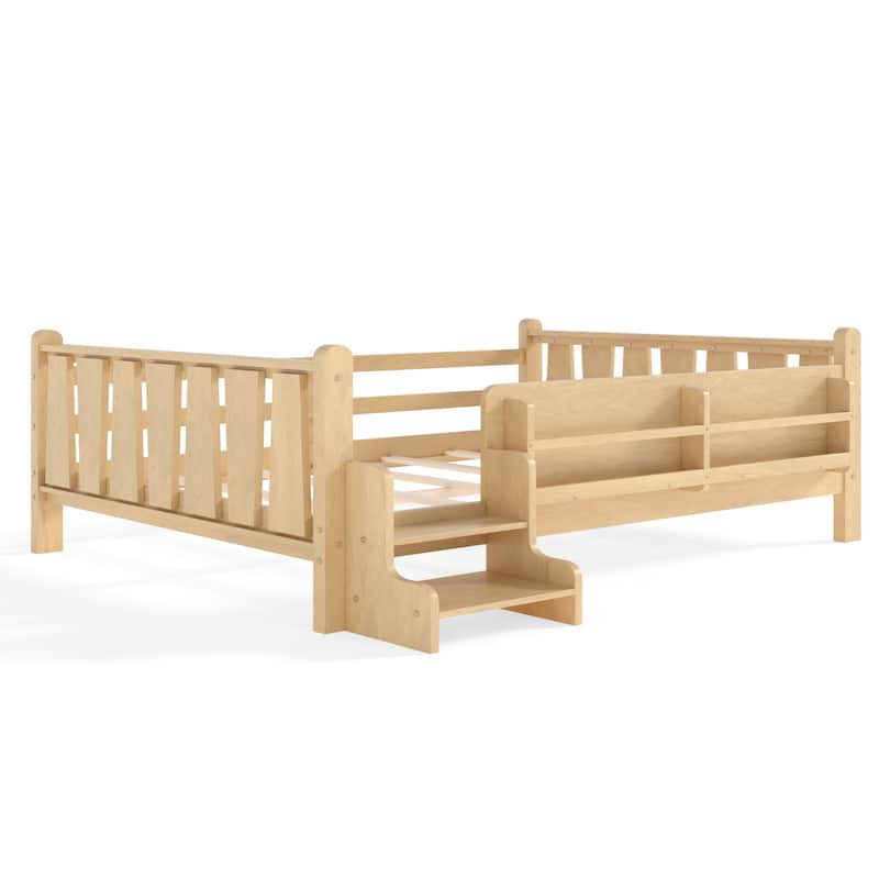 Full/Twin Floor Bed with Storage Bookcases & Cute Stairs - Solid Wood Kids Bed, No Box Spring