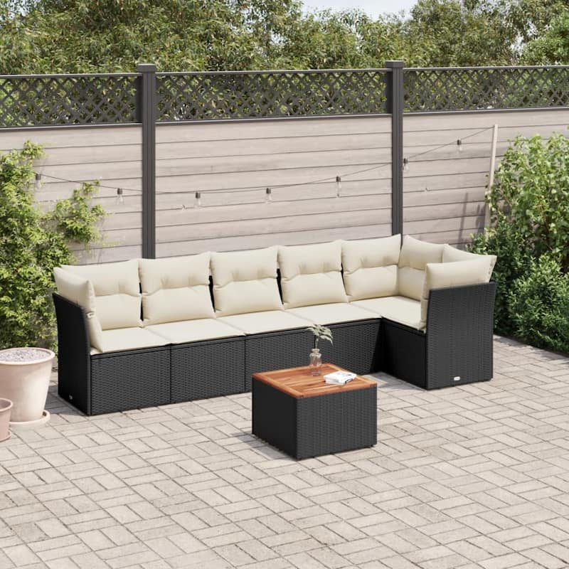 vidaXL Patio Sofa Set with Cushions Outdoor Furniture 7 Piece Poly Rattan - 21.7 x 21.7 x 14.6 - Black and Cream
