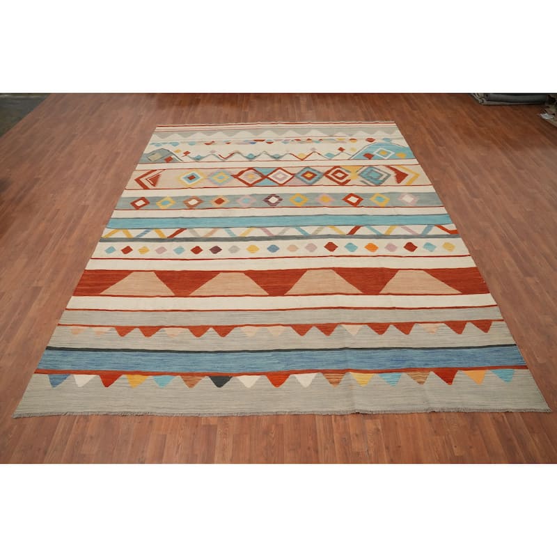 Hand Woven Oriental 100% Wool Carpet Southwestern Tribal Multi-Colored Kilim Area Rug - 11' 8'' X 9' 4''