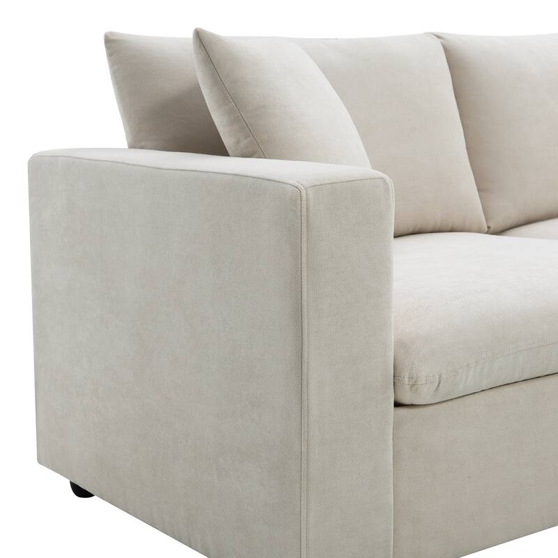 L-shaped Polyester Fabric Couch Set with 2 Free Pillows and Convertible Ottoman
