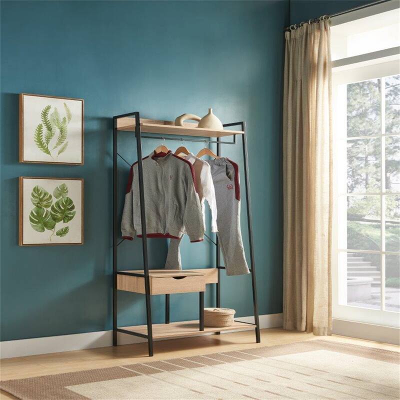 Metal Clothes Rack Open Wardrobe Free Standing with One Drawer Hanging Clothes Rod - Light Brown