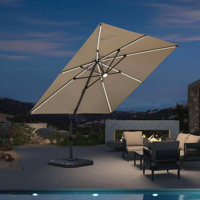 PURPLE LEAF 10 ft Square 360 Degree Rotation Patio Cantilever Umbrella - Beige-with LIght