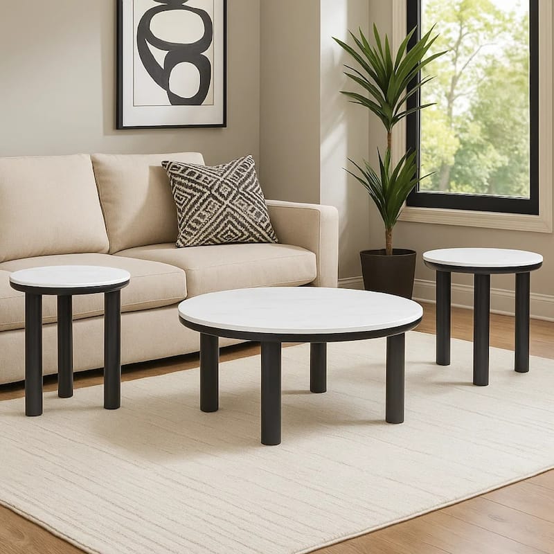 Dae 3pc Coffee and End Table Set, Round White Faux Marble, Black