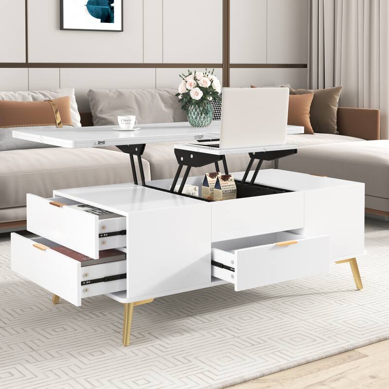 Lift Top Coffee Table with Drawers and Multi Functional Table - White