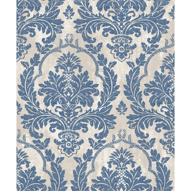 Galerie Wallcoverings Cottage Chic Large Damask Vinyl on Non-woven Metallic Wallpaper Roll - 33 feet x 21 inches - Blue