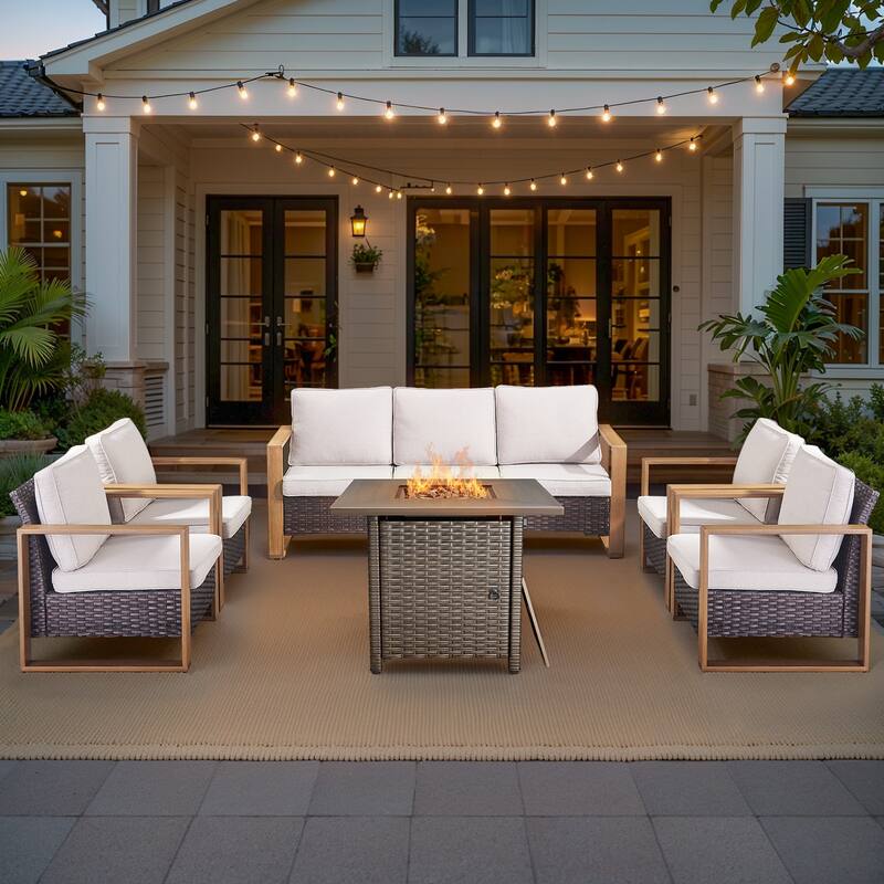 Pocassy 4/6/8PCS Sofa Swivel Chair with Fire Pit Table Set - Brown Wicker Beige Cushion - 6-Piece Sofa Patio Chair with Fire Table