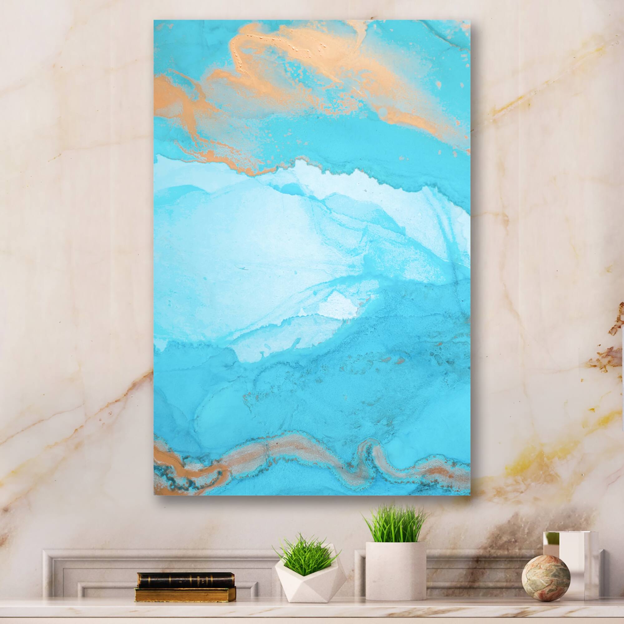Designart "Golden Turquoise And Grey Marble Liquid Ink IV" Modern