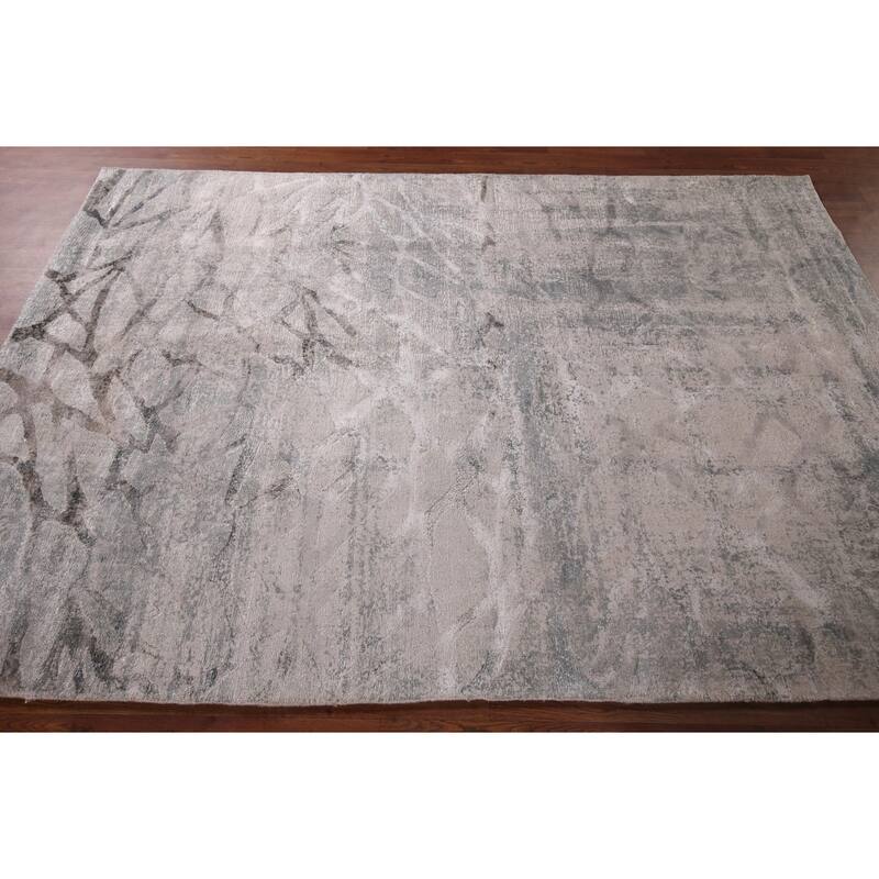 All-Over Abstract Indian Area Rug Handmade Beige Wool Carpet - 5'6"x 7'11"