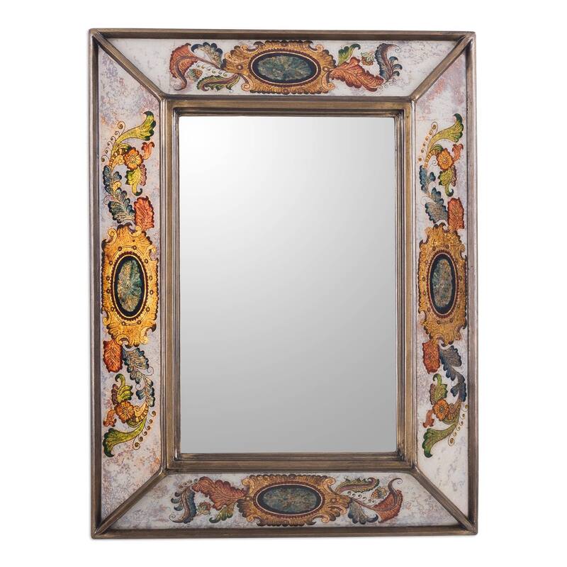 Handmade Ivory Floral Medallions Reverse Painted Glass Wall Mirror (Peru) - Multi - Multi