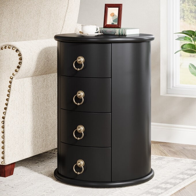 No Assembly Solid Wood End Table, Vintage Round Side Drawers Table - Black-1PC