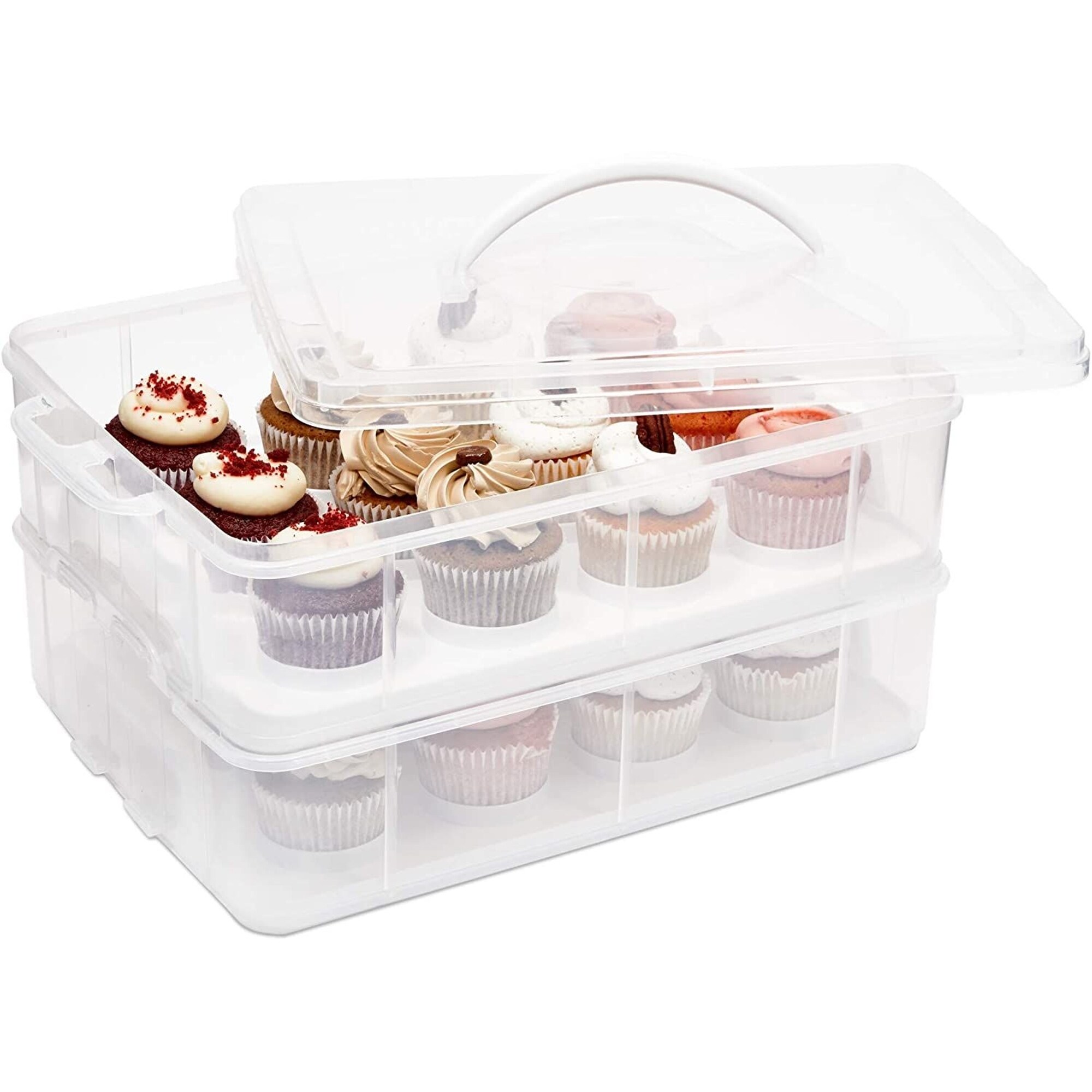 2 Tier Cupcake Carrier with Lid, Holds 24 Cupcakes (13.5 x 10.25 x 7.5 in)