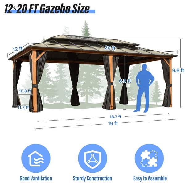 dimension image slide 7 of 16, EROMMY Hardtop Gazebo,Outdoor Pergola with Double Roof & Netting & Curtains,Heavy Duty Canopy for Patio, Backyard, Pool party