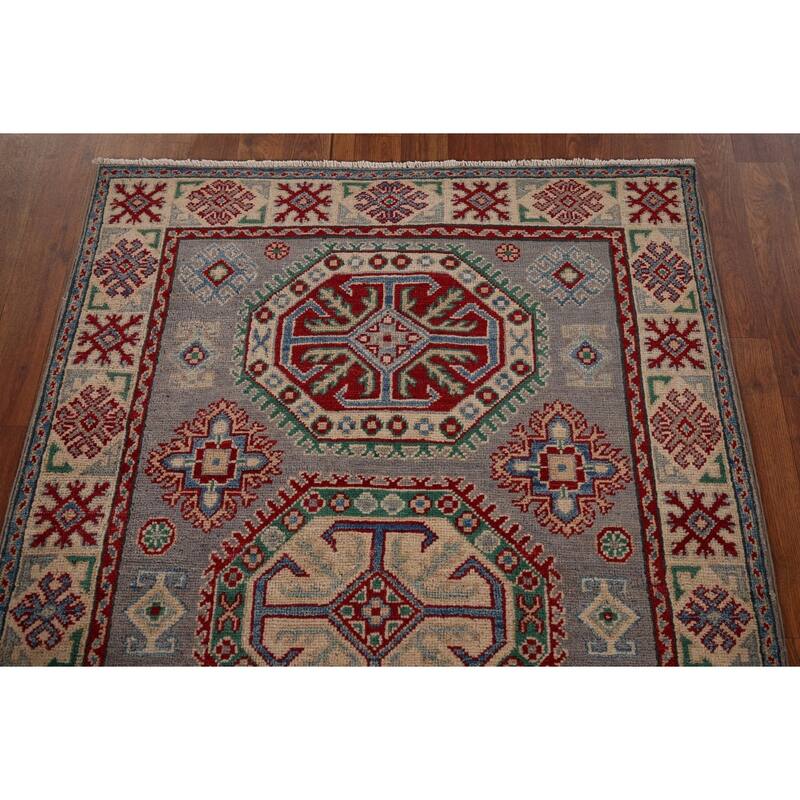 Gray Geometric Kazak Foyer Rug Hand-Knotted Wool Carpet - 3'5" x 4'11"