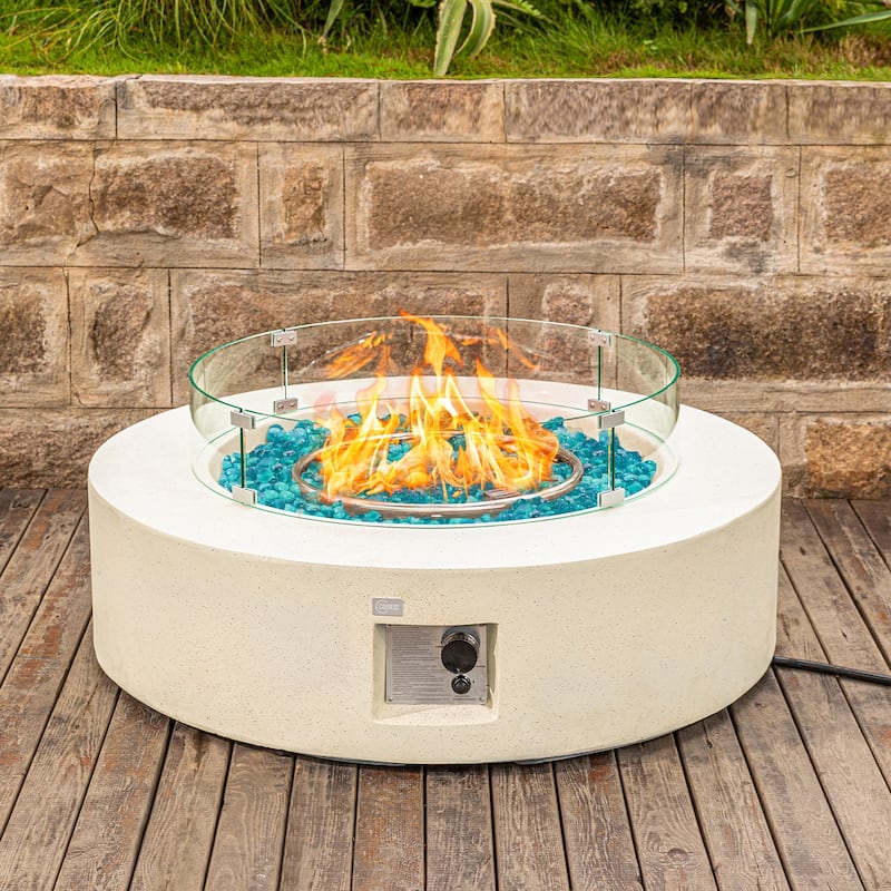 COSIEST 42'' Outdoor Round Propane Fire Pit w Wind Guard and Fire Glass