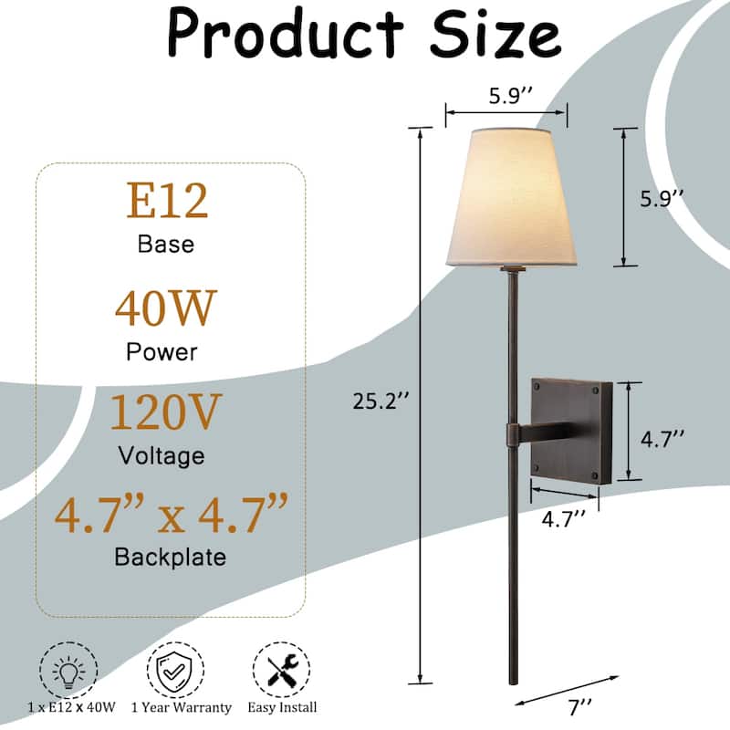 25" Tall Transitional Wall Sconce in Bronze with White Linen Shade Farmhouse Fabric Wall Light for Bedside Hallway Bathroom