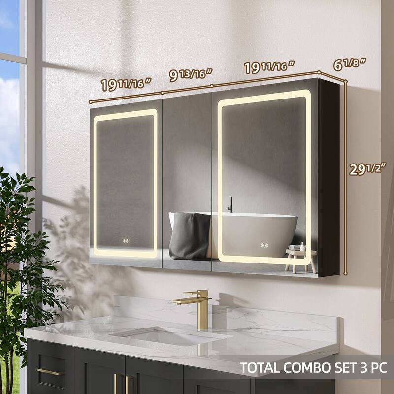 ZEAFIVE LED Black Bathroom Medicine Cabinet Surface Mount Defog Medicine Cabinet 3 Lights Dimmable