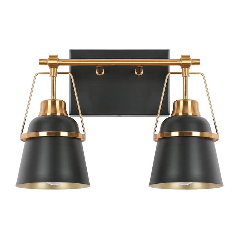 Modern Contemporary Dimmable Black 2-Light Bathroom Vanity Lights Gold Bracket Bar Wall Sconce - L 13.4" x D 5.7" x H 10"