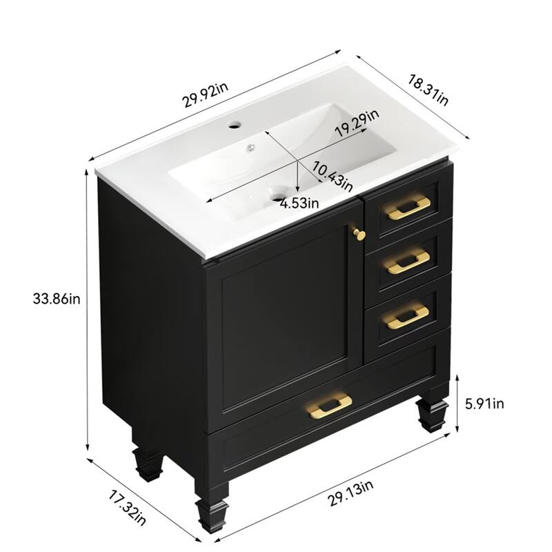 30" Bathroom Vanity Abundant Storage Cabinet -1 Soft Close Doors and 3 Drawer