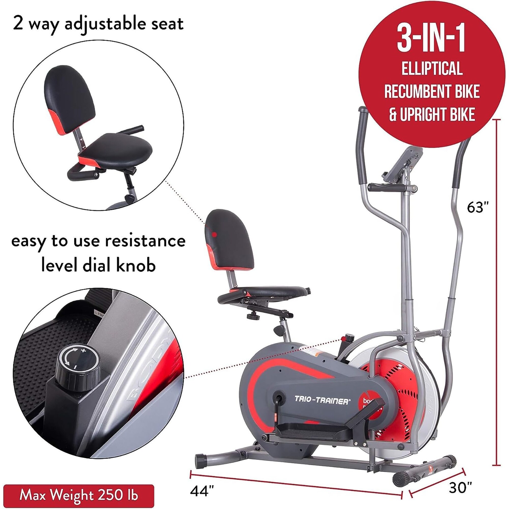 3-in-1 Home Gym, Upright Compact Exercise Bike, Elliptical Machine