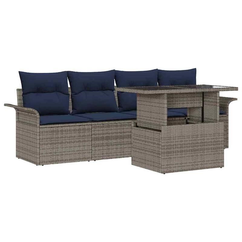 vidaXL 5 Garden Sofa Set with Cushions Black/Brown/Grey Poly Rattan - 98.8 x 24.4 x 27.2