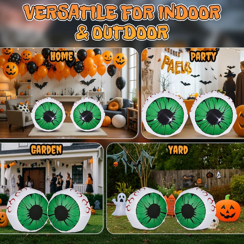 2-Pack 3ft Light-Up Halloween Inflatable Eyeballs for Indoor Outdoor Party Yard Decoration - 3-Feet